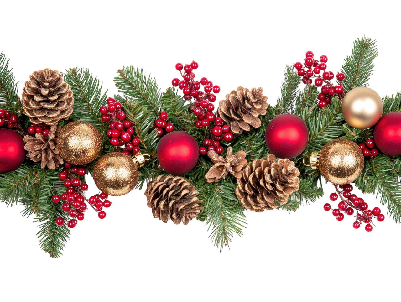 Christmas garland with red and gold baubles, berries, and pinecones on a white background. PNG transparent.